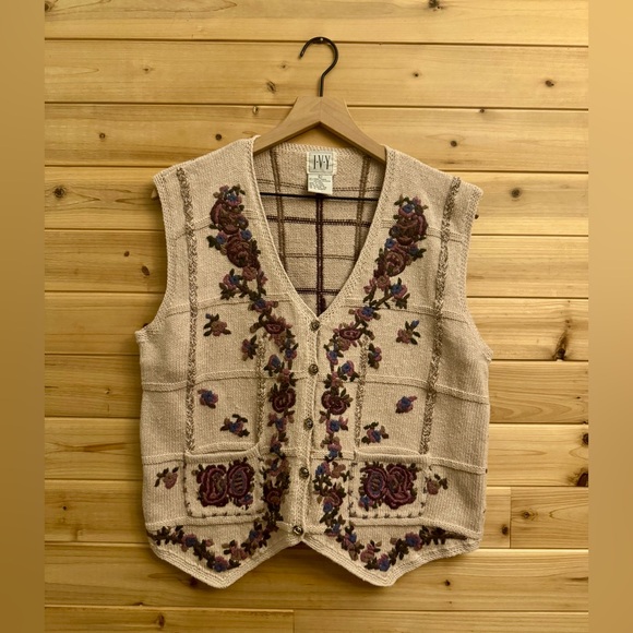 Vintage Jackets & Blazers - Vintage Ivy Large Embroidered Floral Rose Sweater Vest Cottagecore Grandma Fall